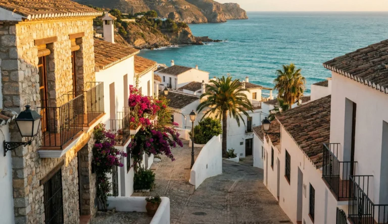 Solig kustvy i Spanien med vitkalkade hus, palmer och turkost hav