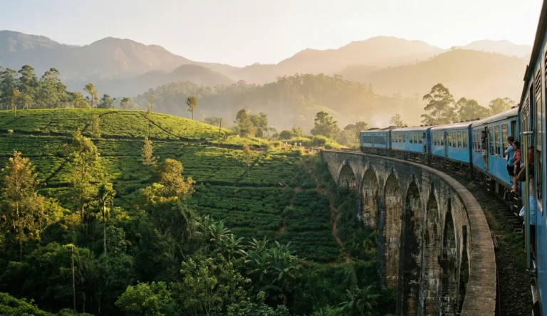 Tåg över Nine Arches Bridge i Ella på Sri Lanka med teplantager och dimmiga berg