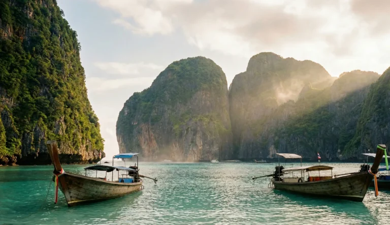Soluppgång över turkost vatten och kalkstensklippor i Thailand med långsvansbåtar