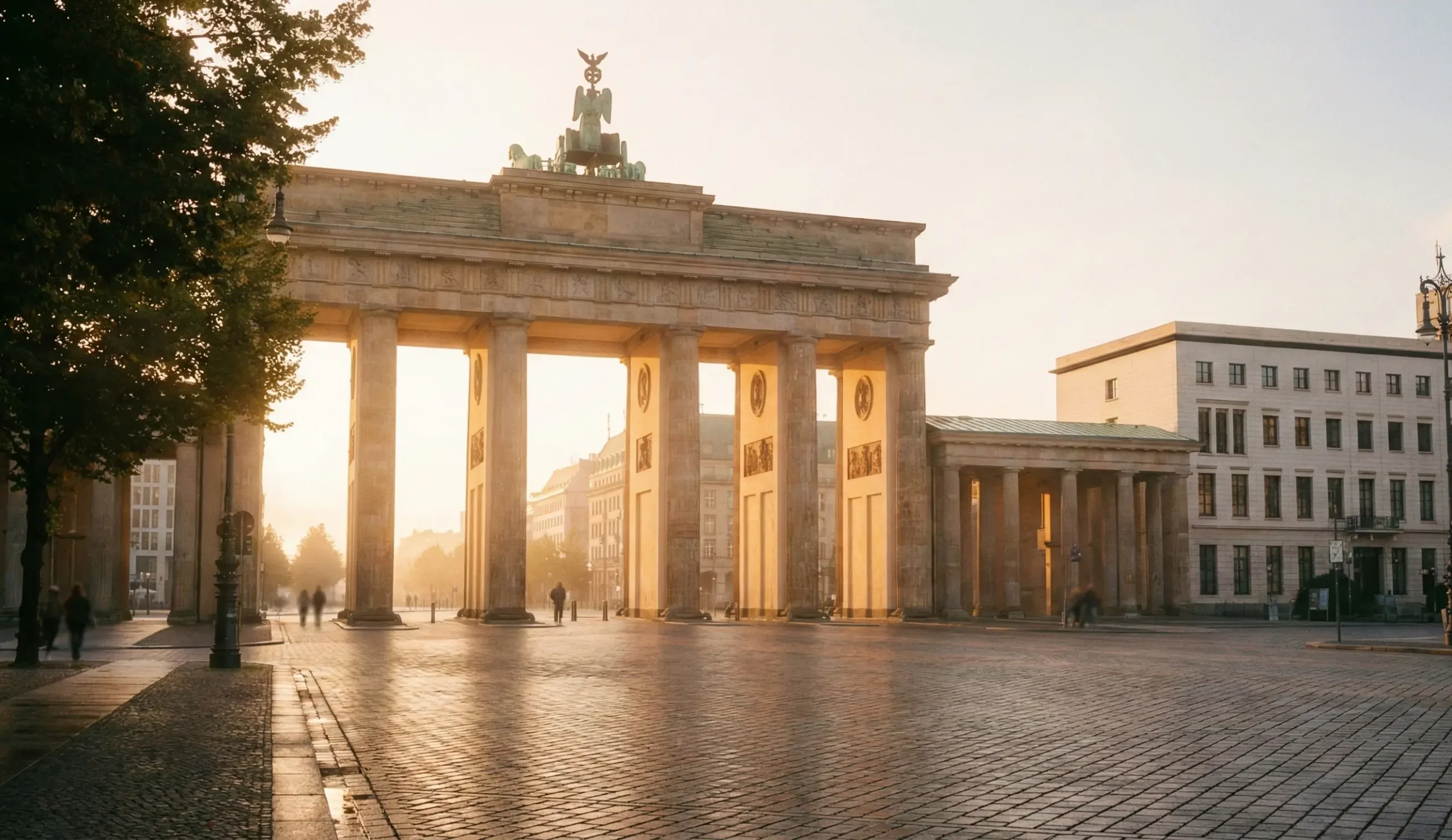 Brandenburger Tor i Berlin i varmt kvällsljus.