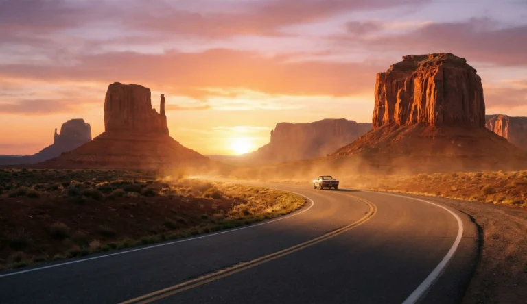 Monument Valley i solnedgång med en lång rak väg och en bil i fjärran