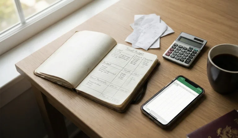 Skrivbord med resebudget-mall, kvitton och miniräknare inför resa