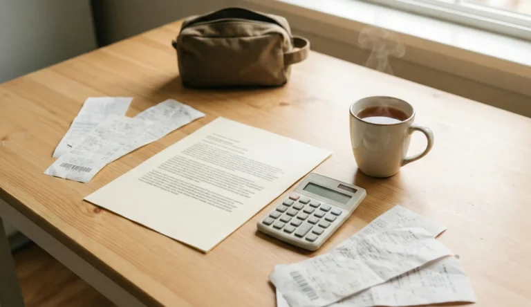 Kvitton och resehandlingar på bord som illustrerar skillnaden mellan reseförsäkring och hemförsäkringens reseskydd.