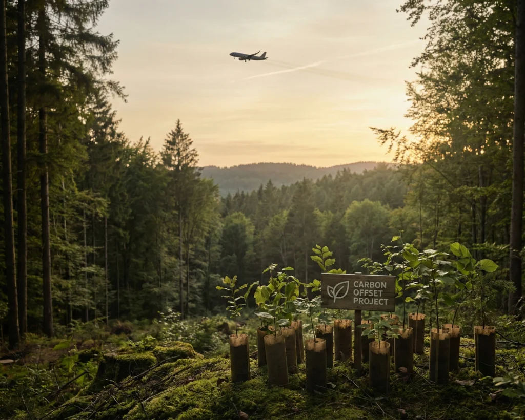Flygplan ovanför skog med nyplanterade träd som symbol för korrekt klimatkompensation