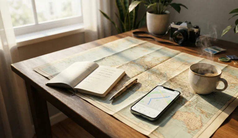 Reseplanering vid skrivbord med karta och checklista för att planera resa steg för steg.