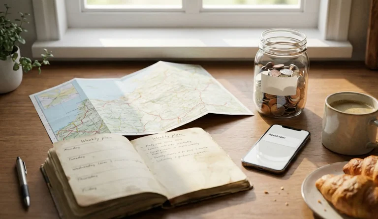 Semesterkassa på köksbord med karta och sparplan för att spara pengar inför resan