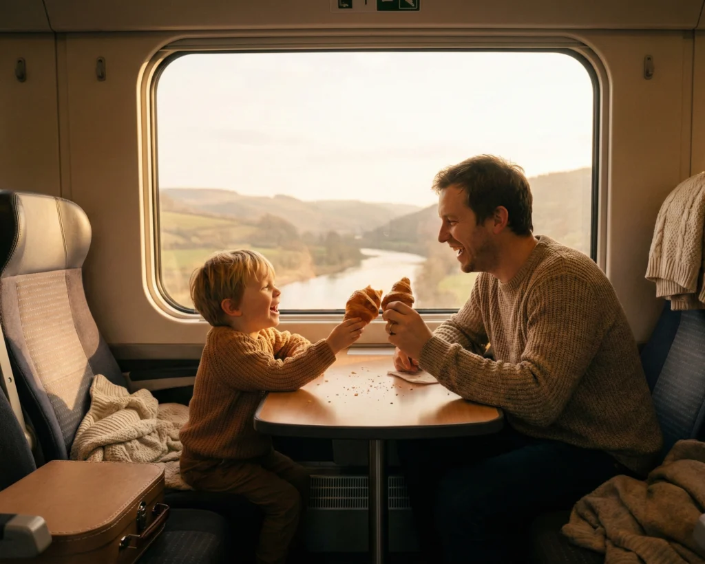 Familj som reser bekvämt med barn på tåg