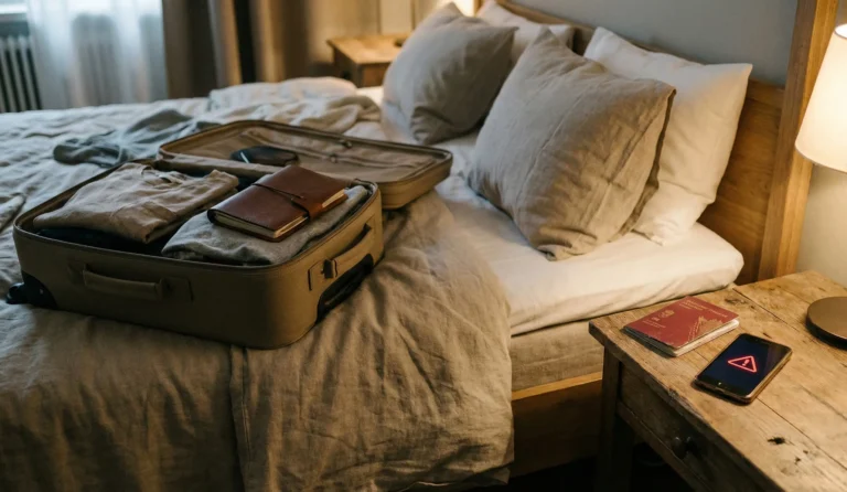 Halvpackad resväska i hotellrum som illustrerar UD reseavrådan och hur resan och försäkringen kan påverkas.