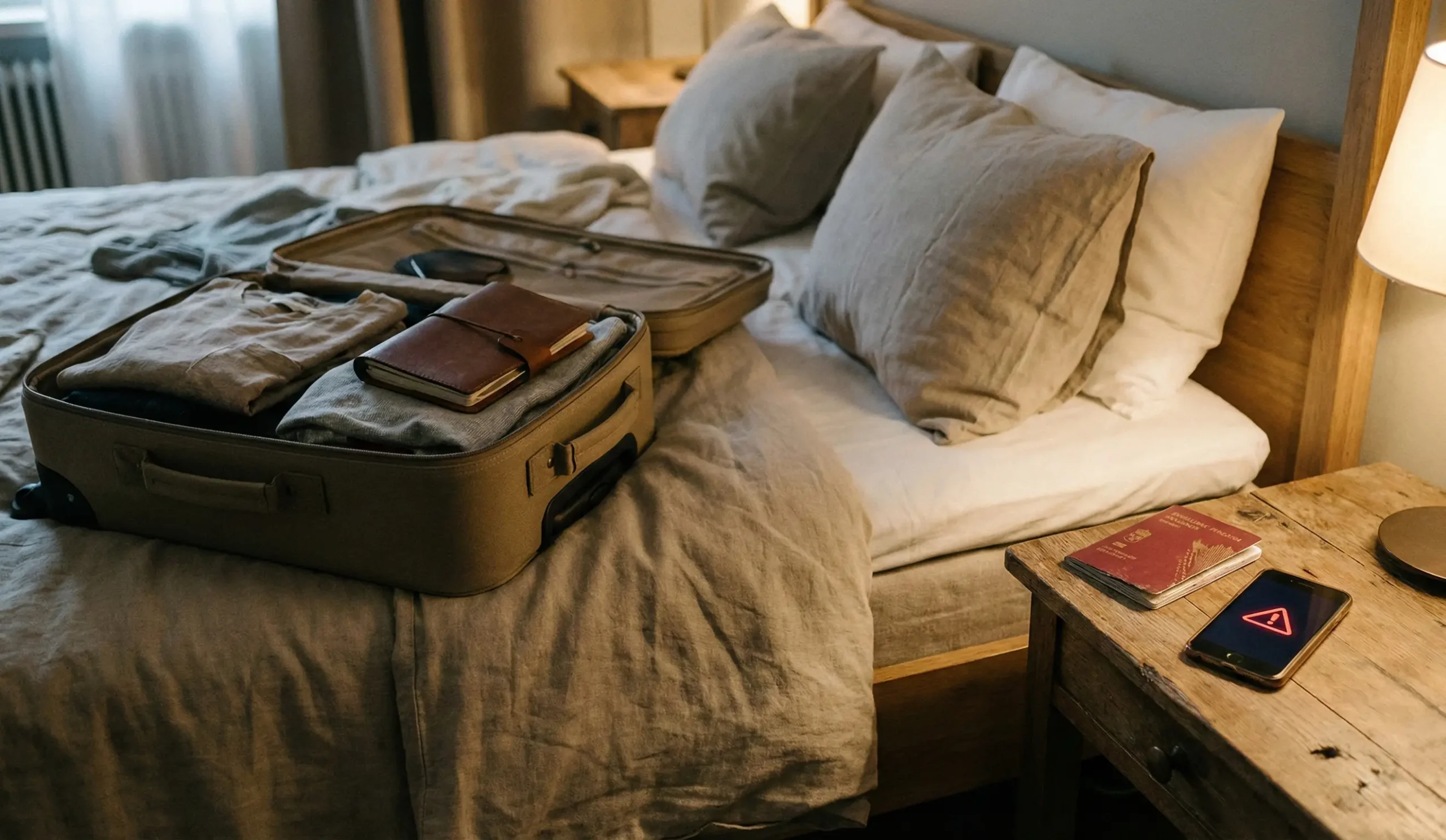 Halvpackad resväska i hotellrum som illustrerar UD reseavrådan och hur resan och försäkringen kan påverkas.